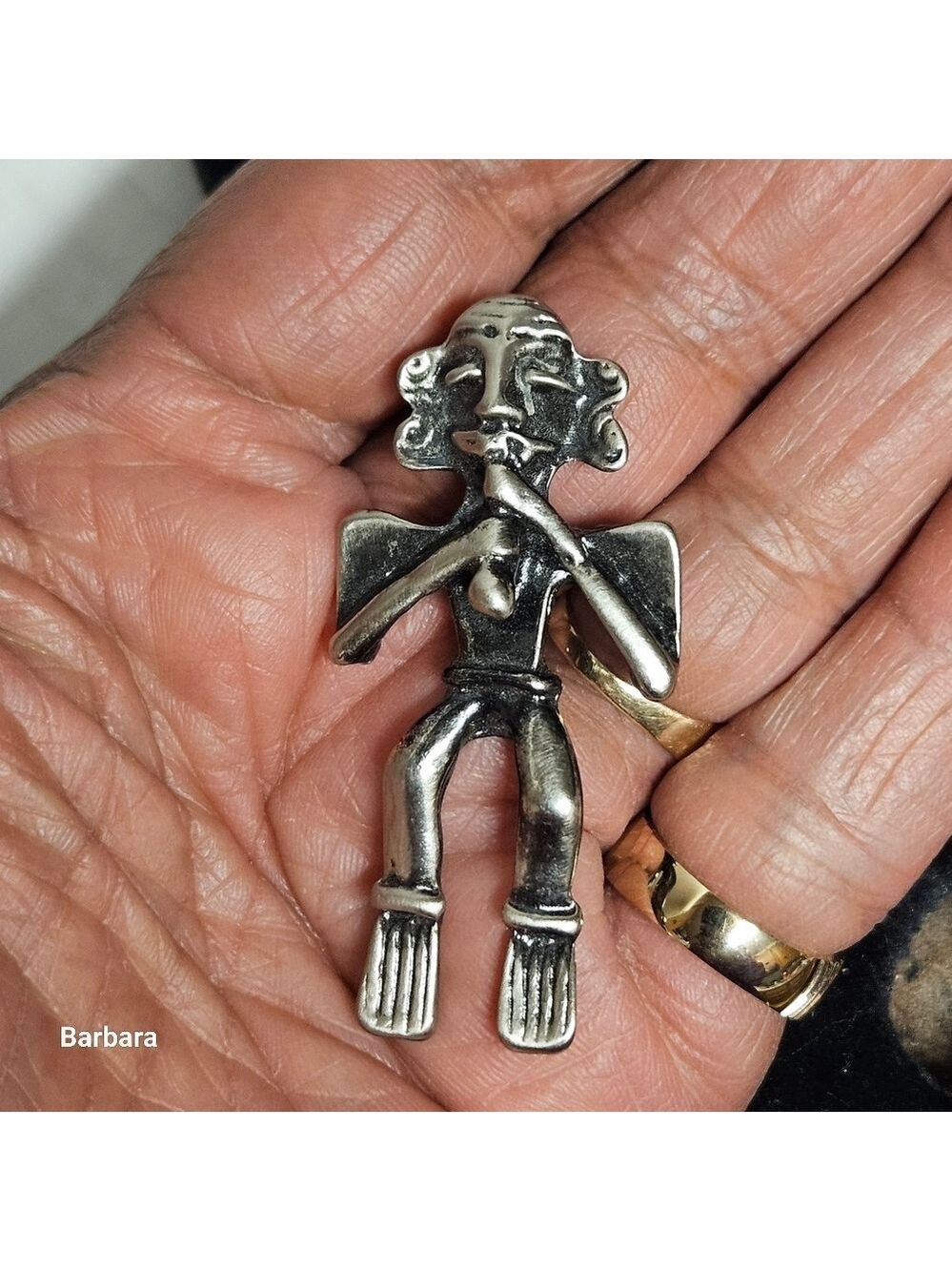 Vintage Silver-tone Mayan/Aztec Figure Playing Flute Brooch